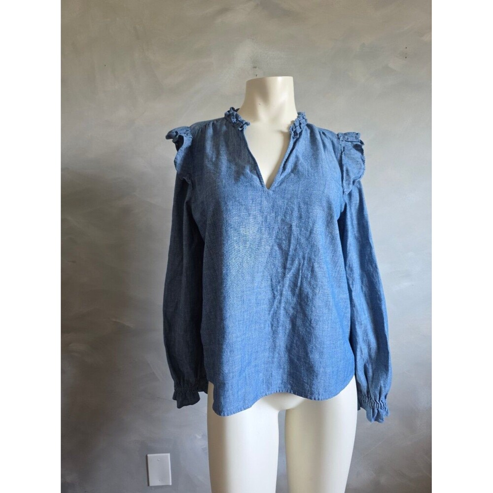 J. Crew Lightweight Chambray Ruffle Collar Top Long Sleeve Cotton Sz S V Neck